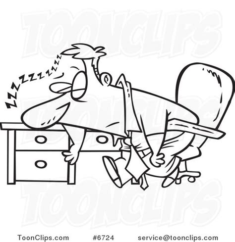 Cartoon Black And White Line Drawing Of A Tired Business Man Sleeping