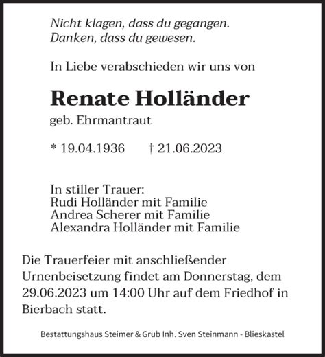 Traueranzeigen von Renate Holländer Saarbruecker Zeitung Trauer de