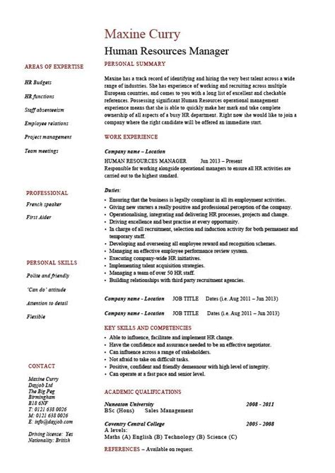 A cv, short form of curriculum vitae, is similar to a resume. Human resources manager resume, job description, template, sample, example, HR, staff