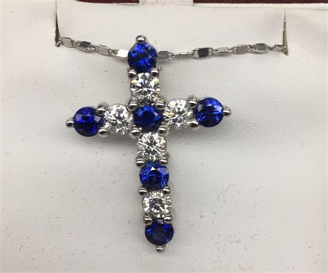 Diamond And Sapphire Cross Pendant Necklace In 14k White Gold