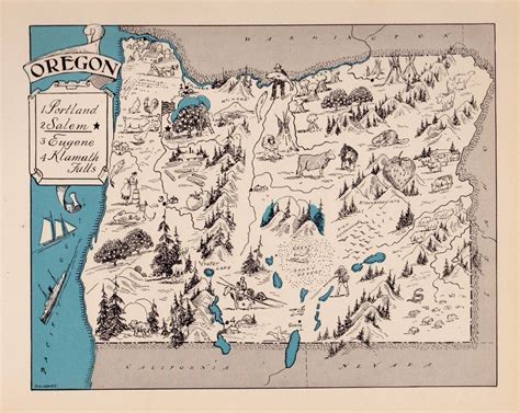 1931 Rare Oregon Map Fun 1930s Original Pictorial Map Of Oregon Blu