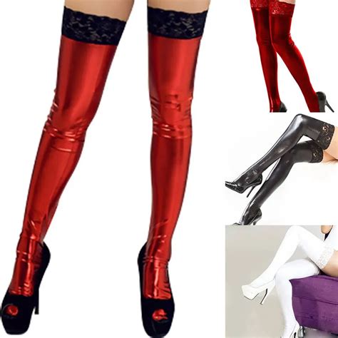 women sexy socks patent leather lace patchwork legs solid color overknee female adult skinny