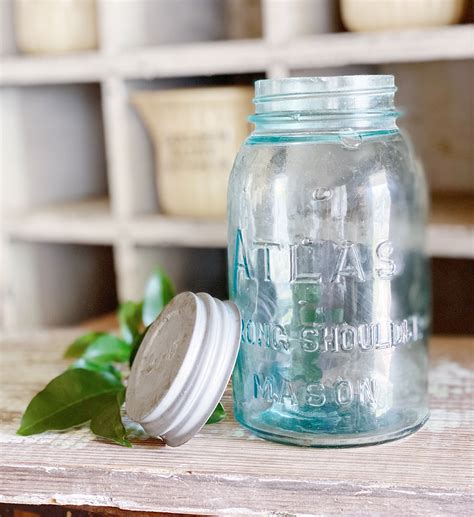 Antique AQUA ATLAS JAR Preserve Glass Jar With Zinc Lid Farmhouse Decor