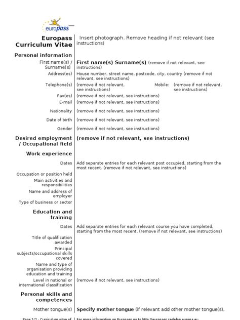 In fact, the english instructions file attached to. CV Template Europass (English) | Cognitive Science ...