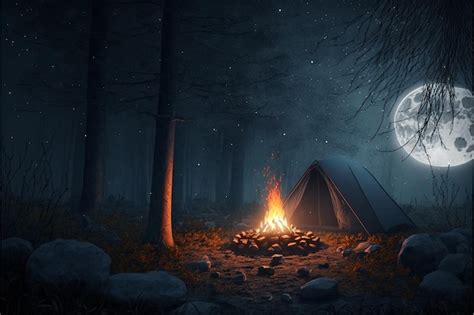 Premium Photo Photo Of Camping In A Dark Forest Campfire Night Forest