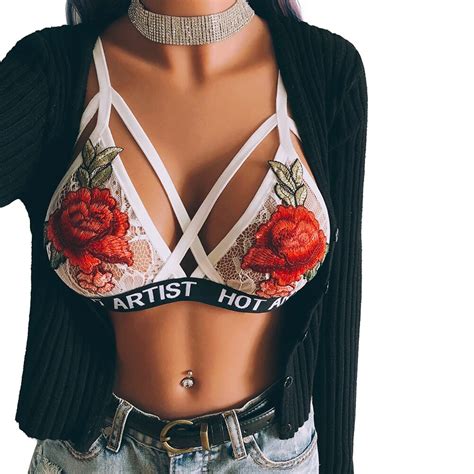 Sexy Women Lingerie Cage Top Sheer Lace Rose Flower Harness Bralette