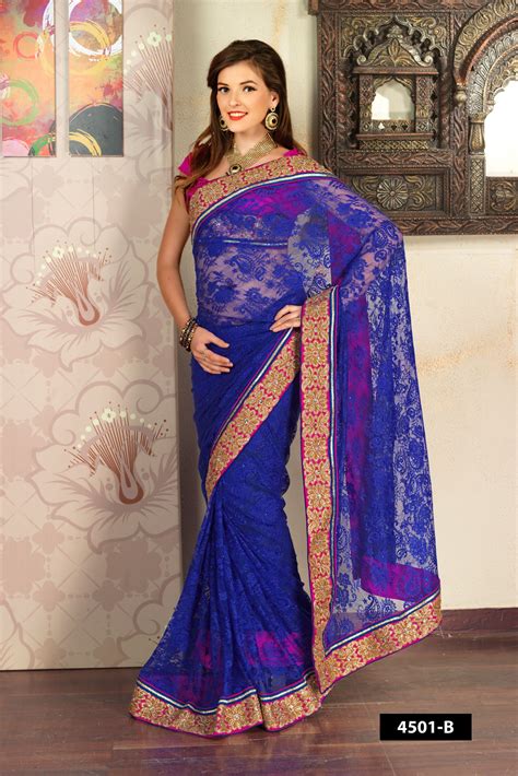 Blue Net Saree With Silver Heavy Embroidery Comes With Pink Dupion