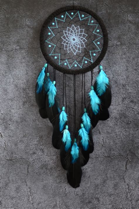 Large Black Dream Catcher With Turquoise Blue Feathers And Etsy