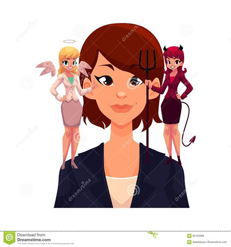 Business Woman With Angel And Devils Decision Making Concept Stock