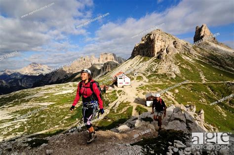 Climbers At A Via Ferrata Tour To Mt Paternkofel Hochpustertal