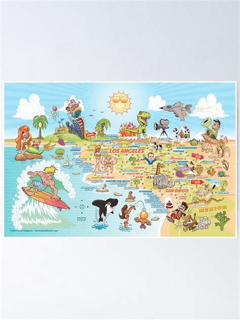 Cartoon Map Of Southern California Poster For Sale By Lines Redbubble