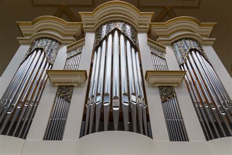 Close Up Of Modern Steel Organ Pipe Stock Image Image Of Column