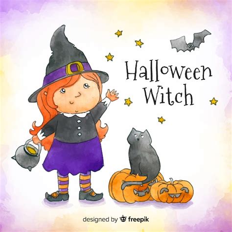 Free Vector Lovely Watercolor Witch Character