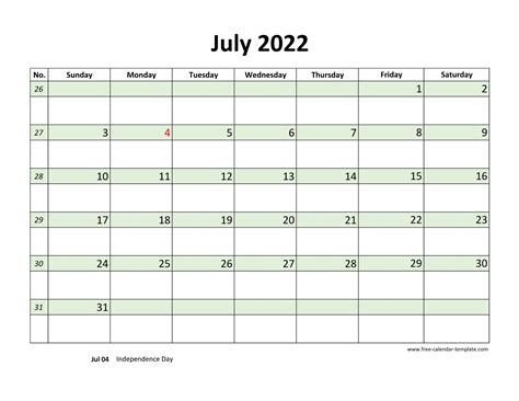 Free July 2022 Calendar Coloring On Each Day Horizontal Free