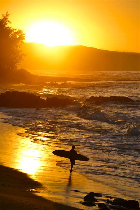 Surfer And Winter Sunset Hale Moana House Of The Sea At Beach Hawaii North Shore Oahu