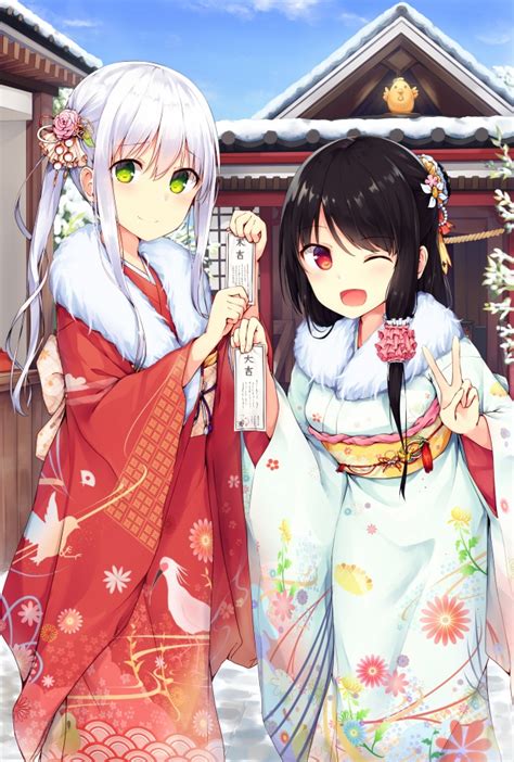 Wallpaper Anime Girls Shrine Kimono White Hair Moe Cute Smiling