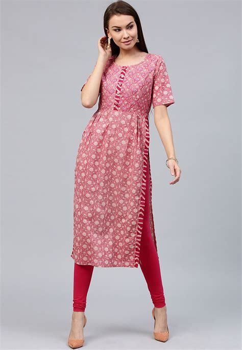 Floral Printed Cotton Kurta In Pink Tja930 Kurti Designs Kurti Designs Latest Ladies Suit