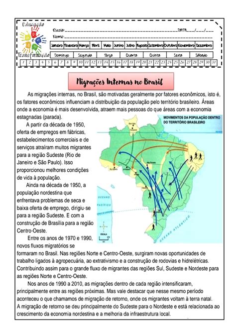 Geografia migrações internas no Brasil Atividade de geografia para