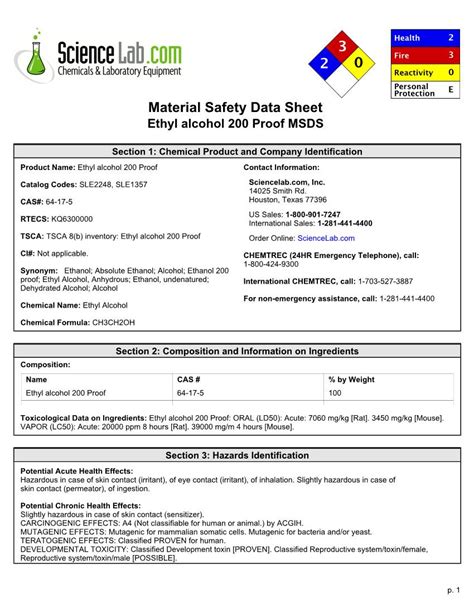 Material Safety Data Sheet Ethyl Alcohol Proof Msds Docslib Hot Sex