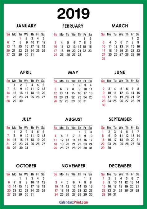 2019 Calendar Printable Free Green Sunday Start Calendarzprint