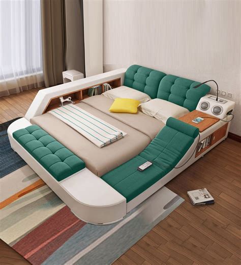 Buy Urban King Size Upholstered Bed With Storage In White And Green