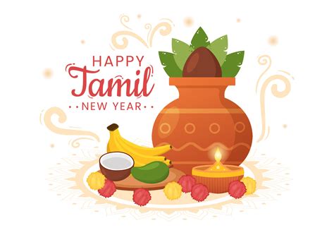 Happy Tamil New Year Illustration With Vishu Flowers Pots And Indian