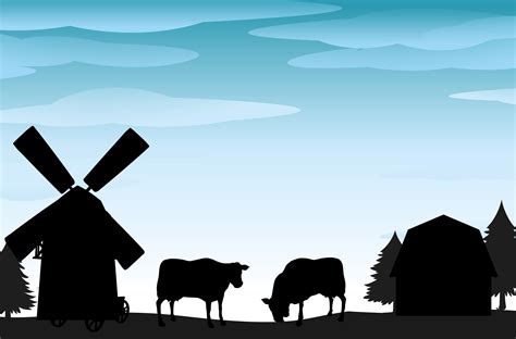 Silhouette Scene With Cows And Barns 433543 Vector Art At Vecteezy