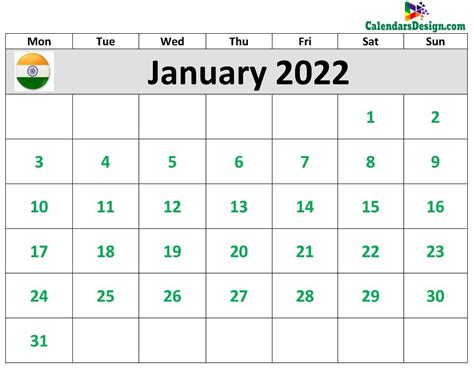 January 2022 Calendar India
