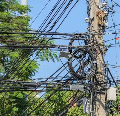 Messy Electric Cables On Pole Stock Image Image Of Infrastructure