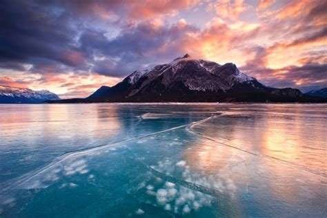 Mountain Winter Lake Sunrise Clouds Ice Frost Canada Snowy Peak Yellow Turquoise