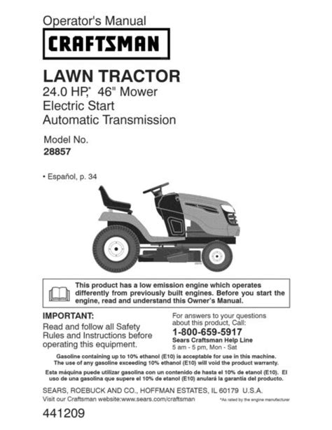 Craftsman Lawn Tractor 24 Hp 46 Operator Maintenance Instruction
