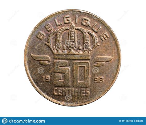 Belgium Fifty Centimes Coin On A White Isolated Background Stock Image