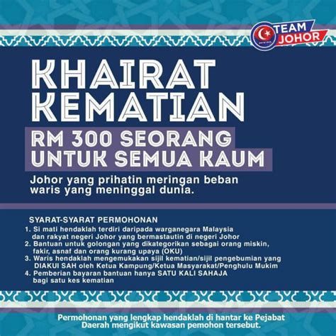 Khairat kematian kepada penerima manfaat yang berumur 1 hari hingga 28 tahun juga disediakan tertakluk kepada syarat dan peraturan yang ditetapkan. Khairat Kematian RM300 Bagi Rakyat Johor - herneenazir.com