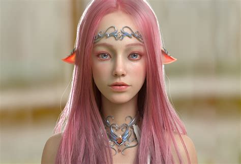 women face looking at viewer pointy ears pink hair long hair fantasy girl digital art