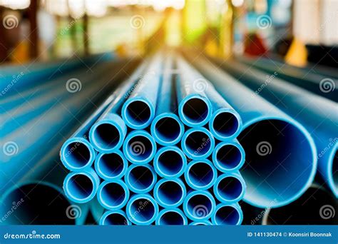 Close Up To Blue Plastic Pipe Background Pvc Pipes Stacked In