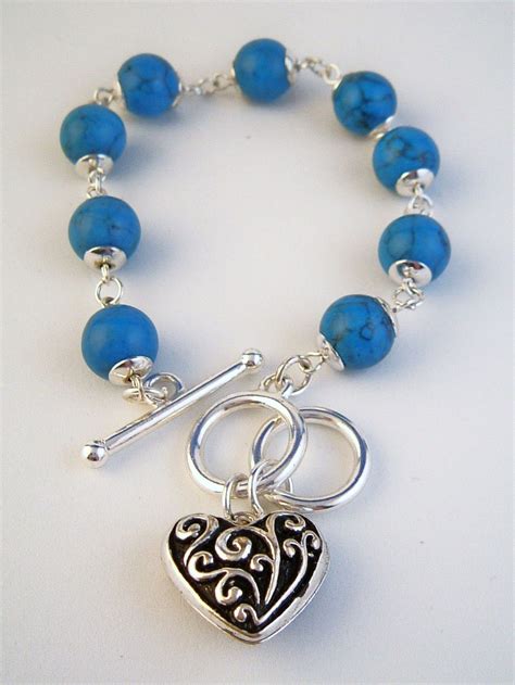 Genuine Turquoise Ball Beads Vintage Heart Charm Bracelet