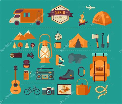 Equipo de senderismo y camping conjunto de iconos e infografías 2022