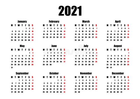 Calendar 2021 Week Starts On Monday Basic Business Template Stock