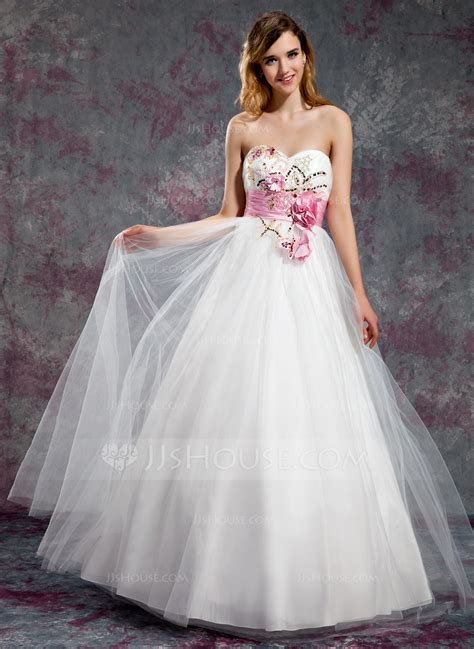 A Line Princess Sweetheart Floor Length Tulle Prom Dress With Sash Beading Flower S Sequins