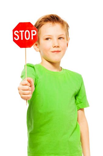 Schoolboy Holding Small Red Stop Sign Icon Stock Photo