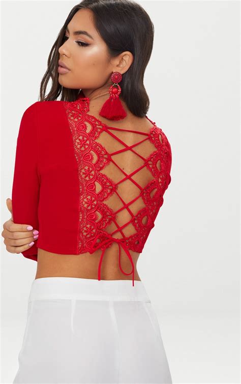 Sign up for our newsletter and get 10% off one order. Red Lace Up Back Long Sleeve Crop Top | Tops ...
