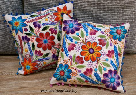 Peruvian Throw Pillow Covers Hand Embroidered Flowers 16 X 16