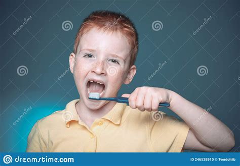 Boy Is Brushing His Teeth Happy Child Kid Boy Brushing Teeth Stock