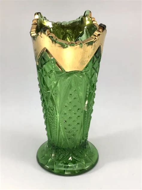 Vintage Emerald Green Gold Trim Glass Small Vase Picclick