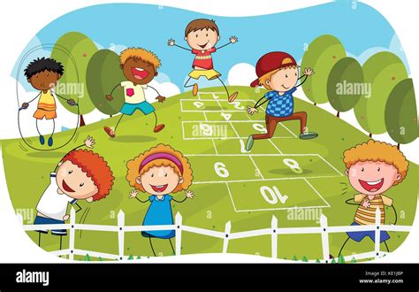 Children Playing Hopscotch In The Park Illustration Stock Vector Image