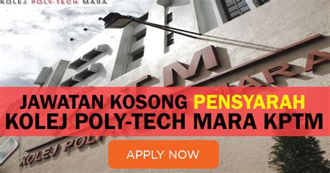 Kolej felcra mempelawa warganegara malaysia yang cukup syarat kelayakan dan berumur tidak kurang daripada 18 tahun pada tarikh tutup iklan untuk mengisi kekosongan jawatan 1. JAWATAN KOSONG PENSYARAH DI CAWANGAN KOLEJ POLY-TECH MARA ...