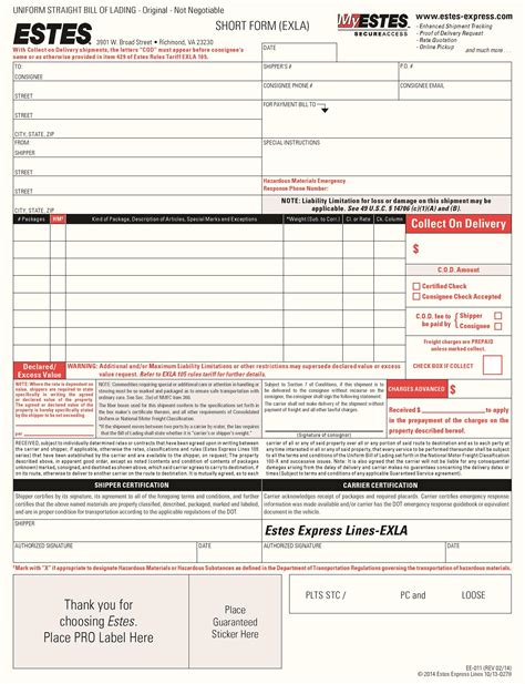 Bill of lading use a saved template. ESTES FREIGHT BILL OF LADING PDF