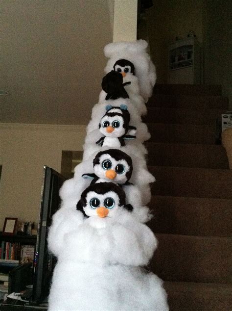 Winter Themed Banister Penguins Sliding Down Railing Christmas