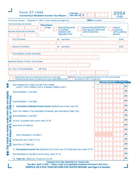 Form Ct 1040 Connecticut Resident Income Tax Return 2004 Printable