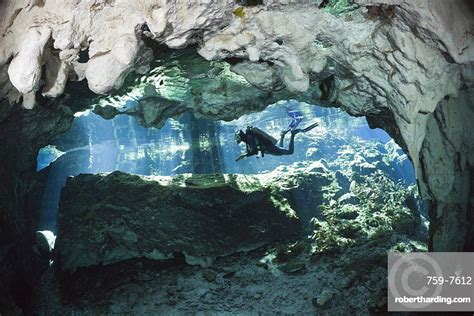 Scuba Diver In Gran Cenote Stock Photo